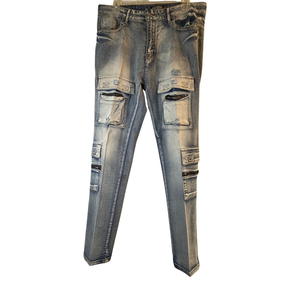 GS115 Mens Slim Tapered Cargo Jeans Faded Blue Distressed Multi-Pocket 32/30